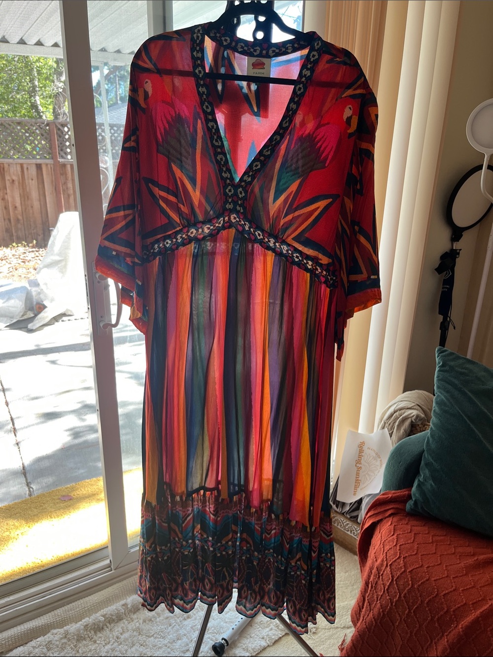 Farm Rio Bright Red & Multicolor Bohemian V-Neck Maxi Dress